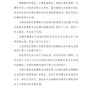 开云体育-重罚！中足联官方：铜梁龙官员杜宇辱骂裁判染红，禁赛6场罚款6万
